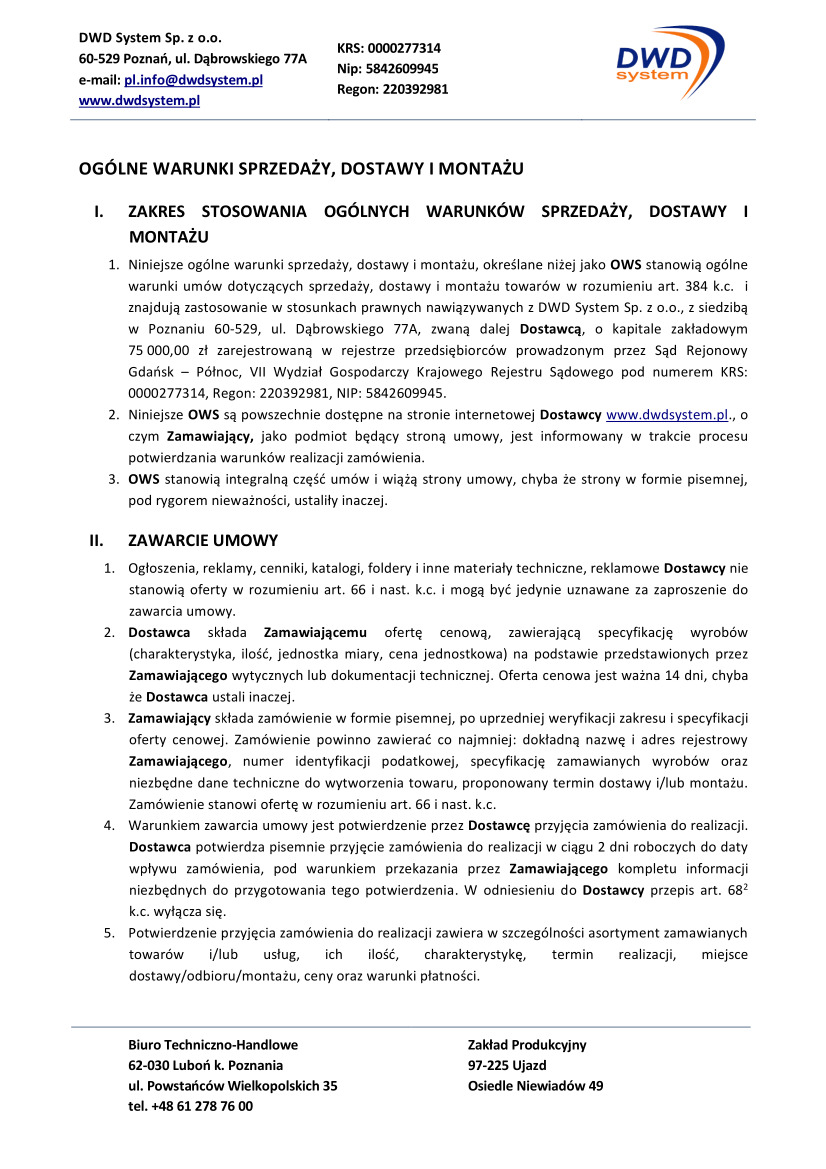 Ogólne warunki sprzedaży, dostawy i montażu